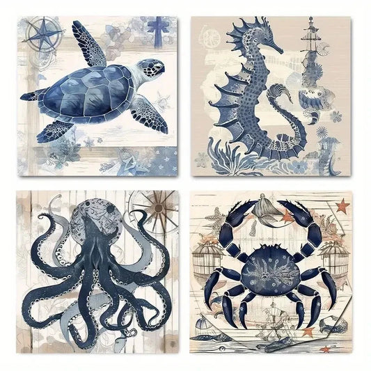 4pcs Octopus, Crab, Seahorse & Turtle, Blue & Wh Wall Art Canvas Framed