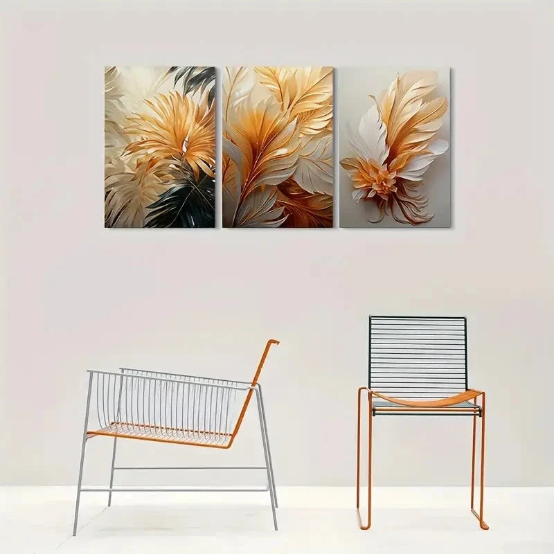 3pcs Abstract Feather Golden White Metal Print Ready to Hang Art - Bella Home Decor