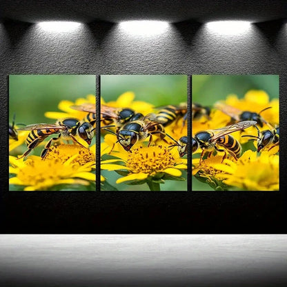 3pcs Group of Wasps on Yellow flowers Metal Print Ready to Hang Art - Bella Home Decor