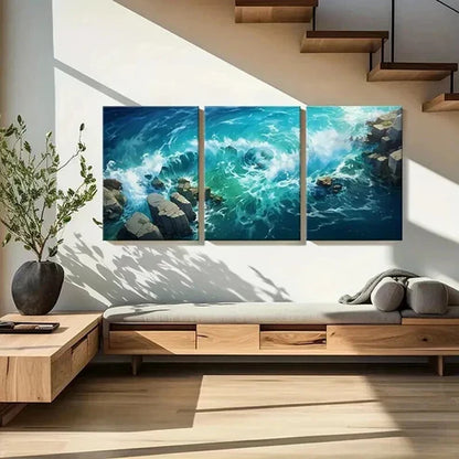 3pcs Anime Style Sea Waves & Rocks Wall Art Set Canvas Unframed - High Quality Print 100% Australian Made Wall Canvas - Bella Home Decor