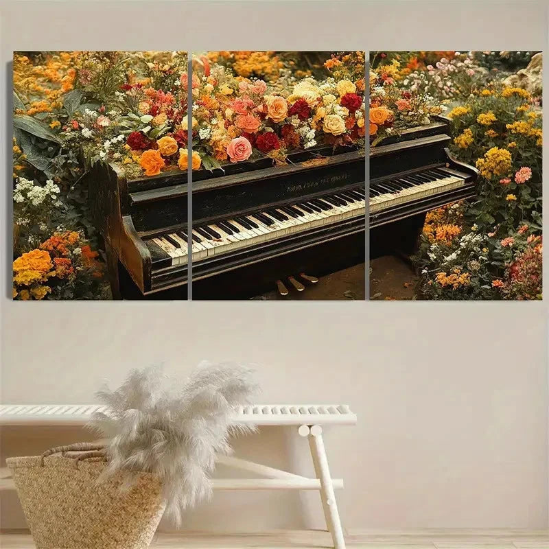 3pcs Enchanting Piano & Floral Wall Art Set Canvas Framed 60x90cm - High Quality Print 100% Australian Made Wall Canvas Ready to Hang