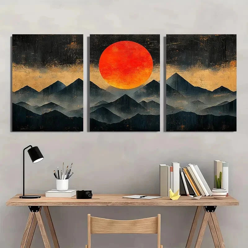3pcs Black & Orange Mountain Silhouette Design Metal Print Ready to Hang Art - Bella Home Decor
