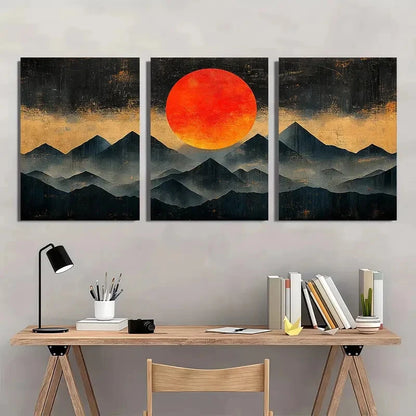 3pcs Black & Orange Mountain Silhouette Design Metal Print Ready to Hang Art - Bella Home Decor