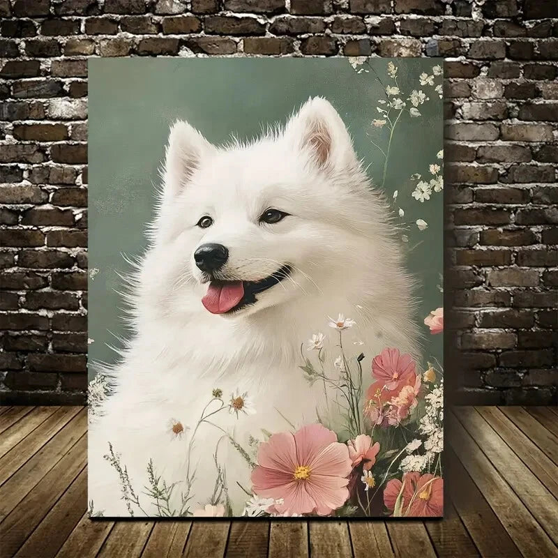 Cute Samoyed Dog with Flowers & Plants Painting 40x60cm Metal Print Ready to Hang - Bella Home Decor