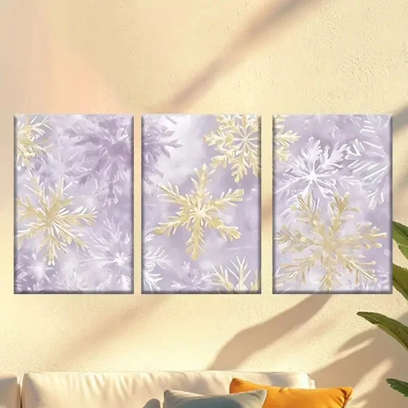 3pcs Purple & Golden Snowflake Pattern Wall Art Set Canvas Framed 40x60cm - High Quality Print 100% Australian Made Wall Canvas Ready to Hang