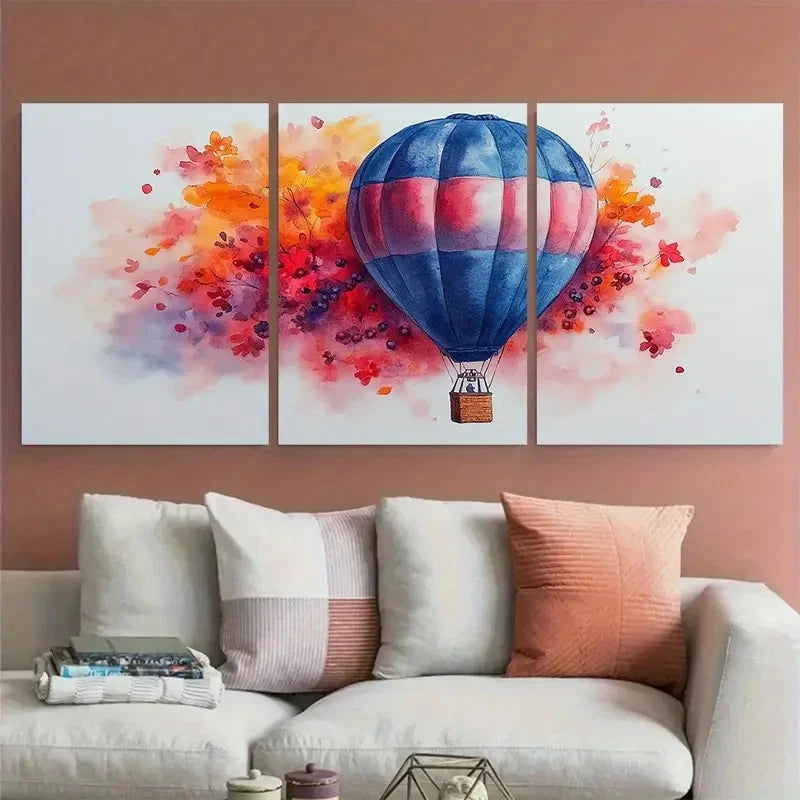 3pcs Hot Air Balloon with Blooming Flowers Berries Metal Print Ready to Hang Art - Bella Home Decor