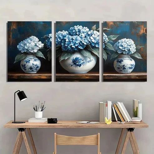 3pcs Elegant Vintage Blue & White Floral Wall Art Canvas Unframed - High Quality Print 100% Australian Made Wall Canvas