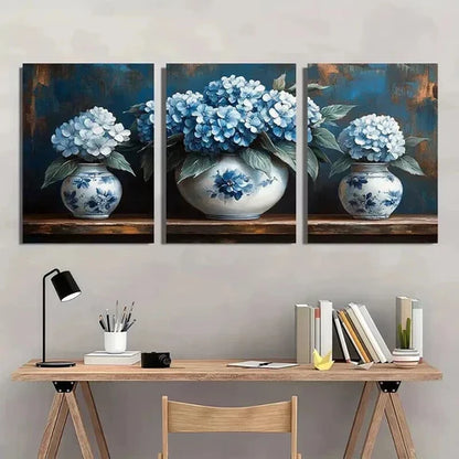 3pcs Elegant Vintage Blue & White Floral Wall Art Canvas Unframed - High Quality Print 100% Australian Made Wall Canvas