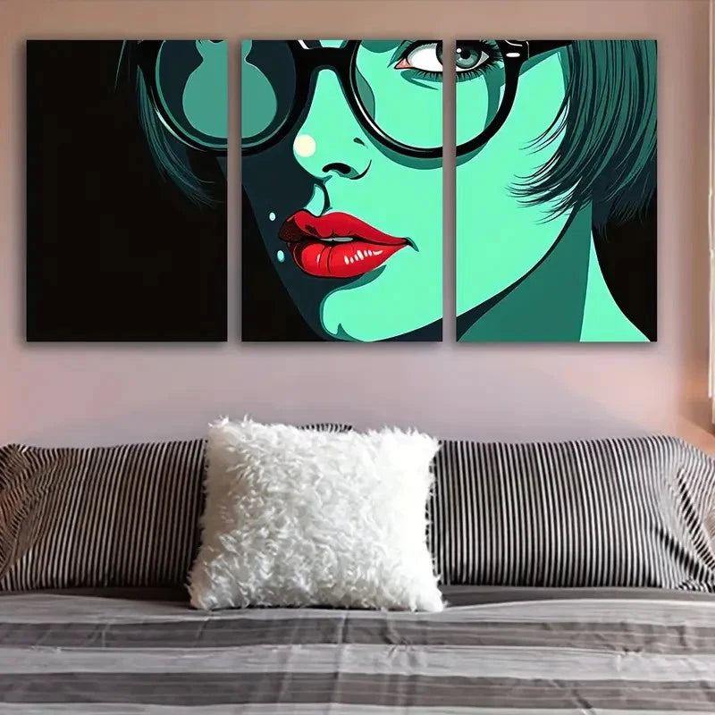 3pcs Vibrant Green Woman With Glasses Portrait Wall Art Set Canvas Framed 60x90cm - High Quality Print 100% Australian Made Wall Canvas Ready to Hang