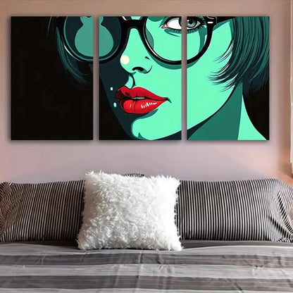 3pcs Vibrant Green Woman With Glasses Portrait Wall Art Set Canvas Framed 60x90cm - High Quality Print 100% Australian Made Wall Canvas Ready to Hang