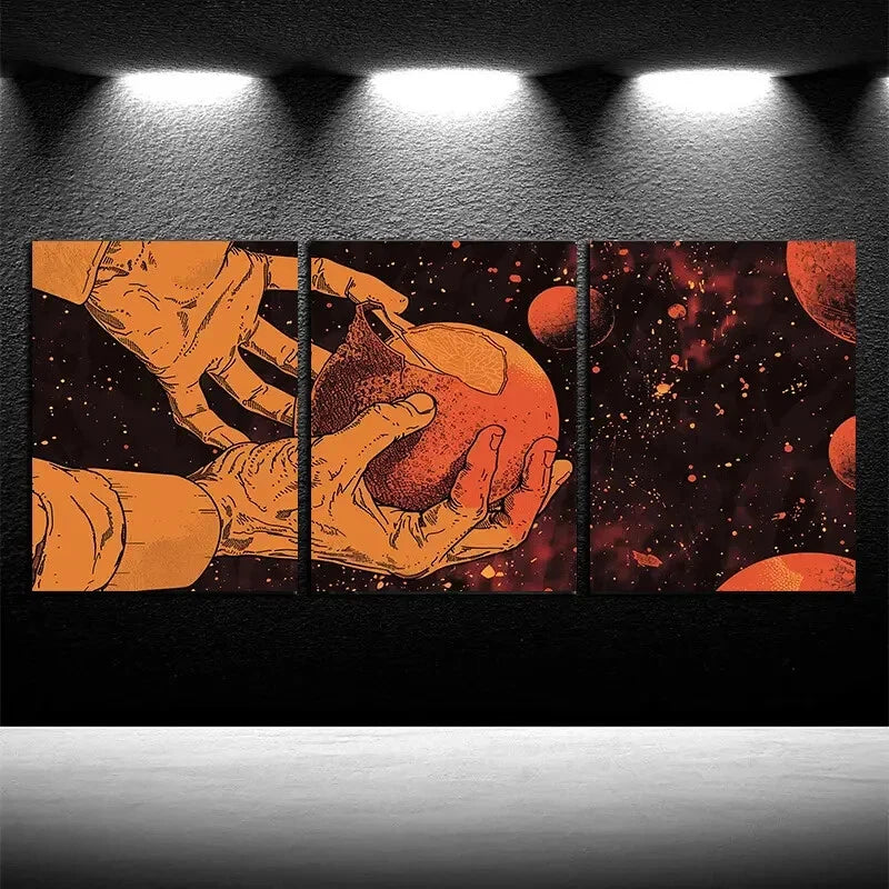 3pcs Vibrant Orange Hands Peeling Design Metal Print Ready to Hang Art - Bella Home Decor