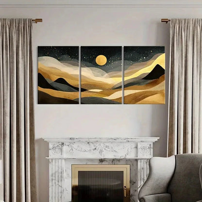 3pcs Abstract Landscape Art Golden Moon Wavy Lines Metal Print Ready to Hang Art - Bella Home Decor