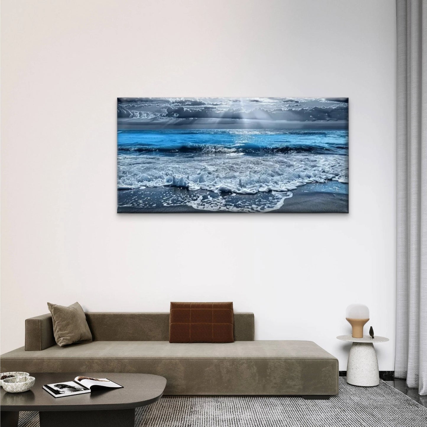 Beach Waves Sand Blue Wall Art Canvas Office Home Room Framed 120x60cm