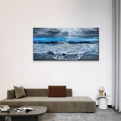 Beach Waves Sand Blue Wall Art Canvas Office Home Room Framed 120x60cm