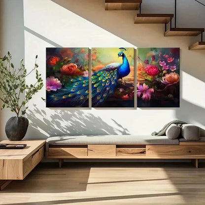 3pcs Peacock & Flower Abstract Aesthetic Wall Art Set Canvas Framed 40x60cm - High Quality Print 100% Australian Made Wall Canvas Ready to Hang - Bella Home Decor