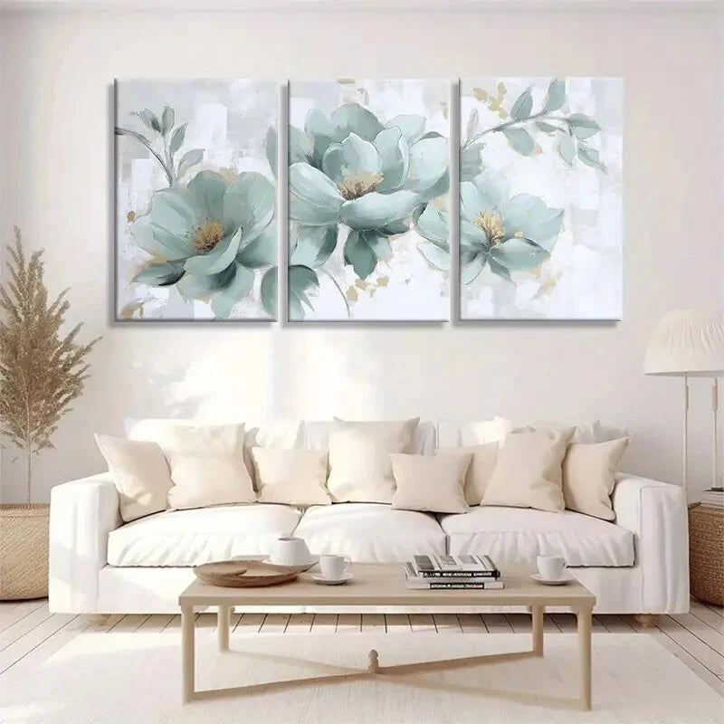 3pcs Green & White Flowers with Golden Accents Metal Print Ready to Hang Art - Bella Home Decor