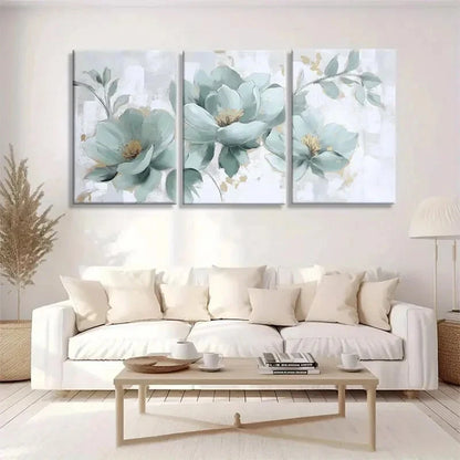 3pcs Green & White Flowers with Golden Accents Metal Print Ready to Hang Art - Bella Home Decor