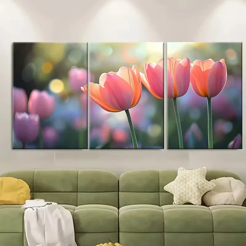 3pcs Elegant Pink Peach Tulip Metal Print Ready to Hang Art