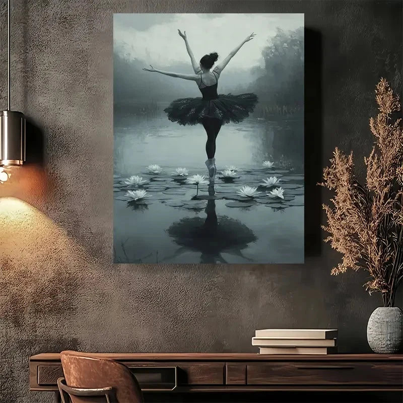 Ballerina On Water with Lotus Flowers Painting 40x60cm Metal Print Ready to Hang - Bella Home Decor