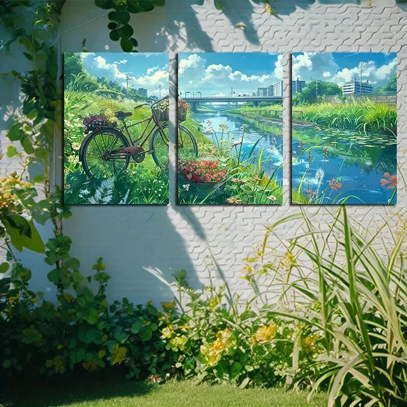 3pcs Vibrant Bicycle & Floral Scenery Design Metal Print Ready to Hang Art - Bella Home Decor