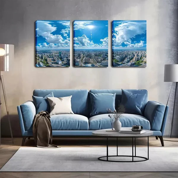 3pcs Blue Sky Above The City Wall Art Set Canvas Framed 60x90cm - High Quality Print 100% Australian Made Wall Canvas Ready to Hang - Bella Home Decor