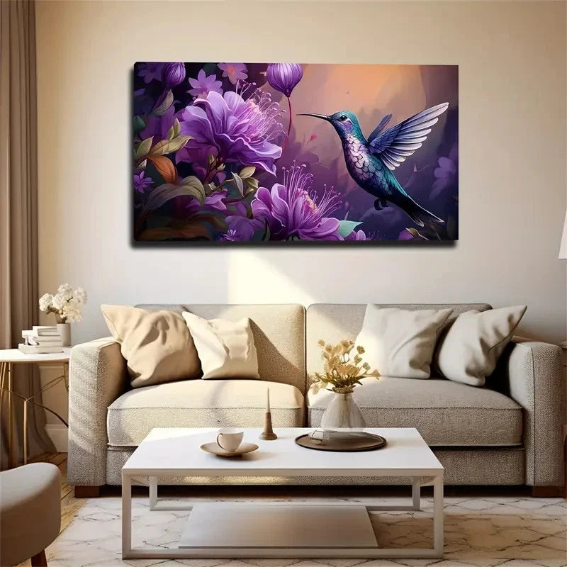 Hummingbird & Purple Flowers Wall Art Canvas Office Home Room Framed 120x60cm