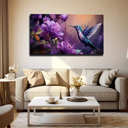 Hummingbird & Purple Flowers Wall Art Canvas Office Home Room Framed 120x60cm