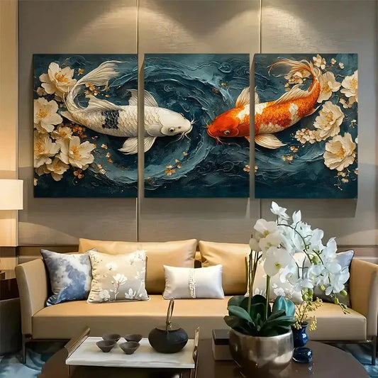 3pcs Japanese Koi Fish with Floral Elegance Metal Print Ready to Hang Art