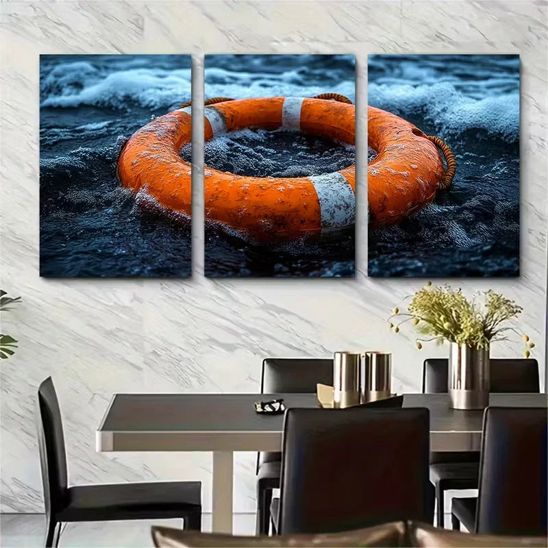 3pcs Orange Lifebuoy Ring Metal Print Ready to Hang Art