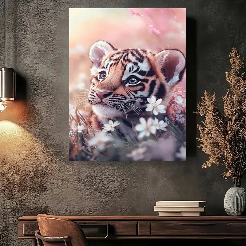 Beautiful Tiger Cub In Flowers Painting 40x60cm Metal Print Ready to Hang - Bella Home Decor