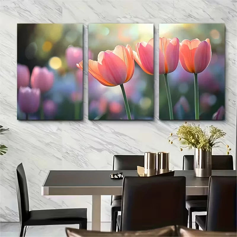 3pcs Elegant Pink Peach Tulip Metal Print Ready to Hang Art