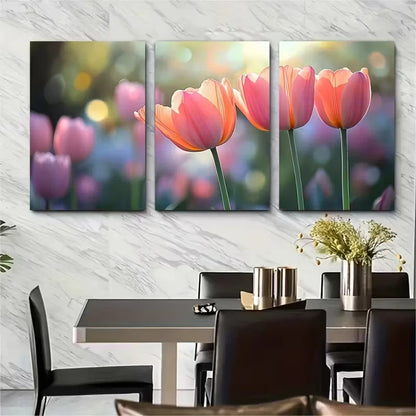 3pcs Elegant Pink Peach Tulip Metal Print Ready to Hang Art