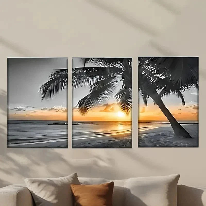 3pcs Serene Beach Sunset with Palm Tree Wall Art Set Canvas Framed 50x70cm - High Quality Print 100% Australian Made Wall Canvas Ready to Hang