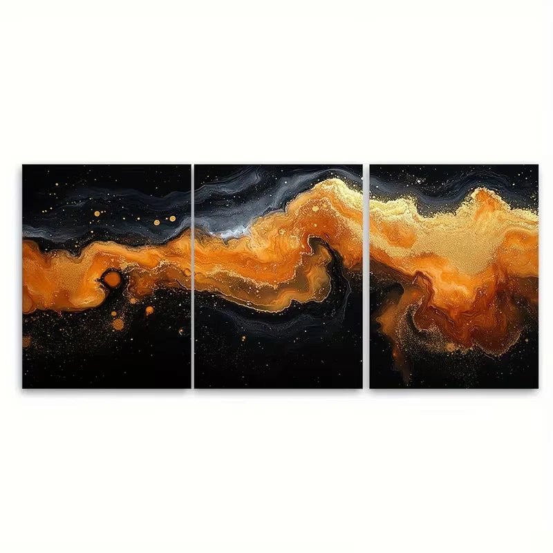 3pcs Fluid Marbling Golden Orange Black Metal Print Ready to Hang Art