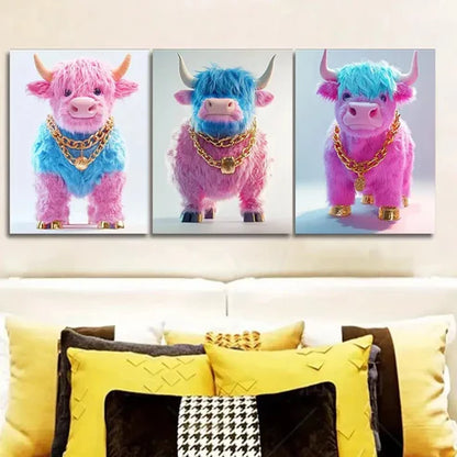 3pcs Pink Highland Cattle Wall Art Set Canvas Unframed - High Quality Print 100% Australian Made Wall Canvas