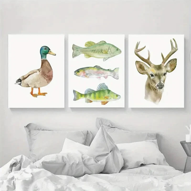 3pcs Watercolor Animal Prints Hunting & Fishing Metal Print Ready to Hang Art - Bella Home Decor