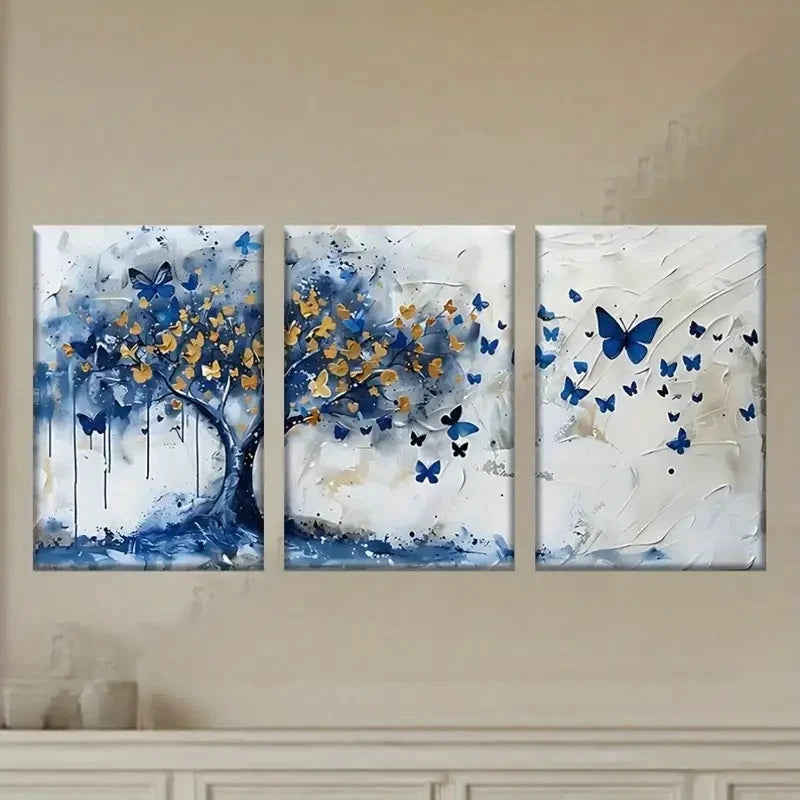 3pcs Vibrant Blue & Golden Butterfly Tree Wall Art Set Canvas Framed 40x60cm - High Quality Print 100% Australian Made Wall Canvas Ready to Hang - Bella Home Decor