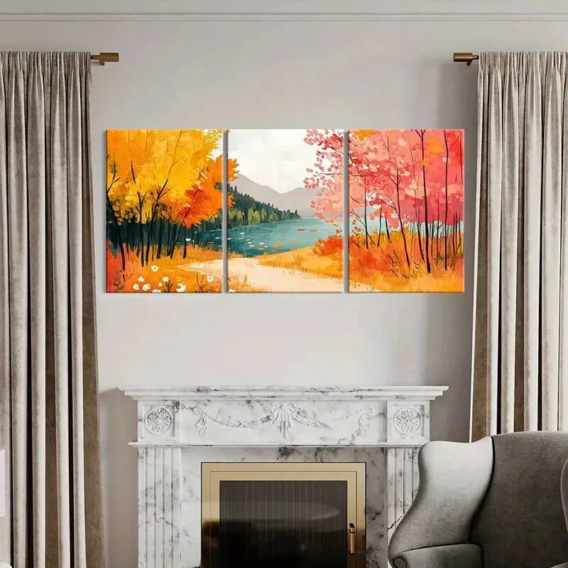 3pcs Autumn Lake Scenery Colorful Trees Landscape Metal Print Ready to Hang Art - Bella Home Decor