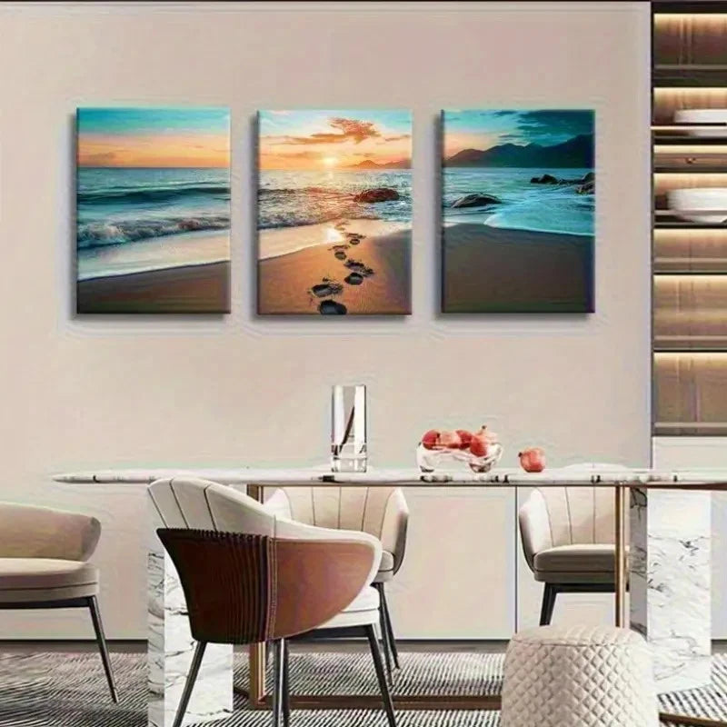 3pcs Coastal Waves Footprint Tropical Landscape Metal Print Ready to Hang Art - Bella Home Decor