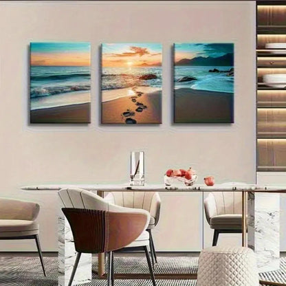 3pcs Coastal Waves Footprint Tropical Landscape Metal Print Ready to Hang Art - Bella Home Decor