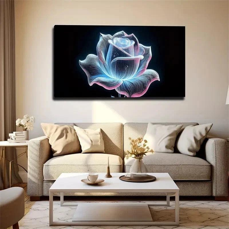 Vibrant Neon Rose Glowing Wall Art Canvas Office Home Room Framed 120x60cm