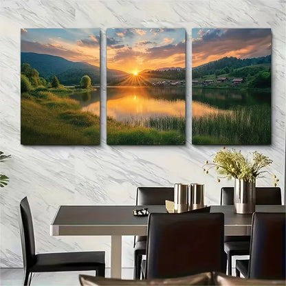 3pcs Stunning Sunset Over Mountain Lake Metal Print Ready to Hang Art