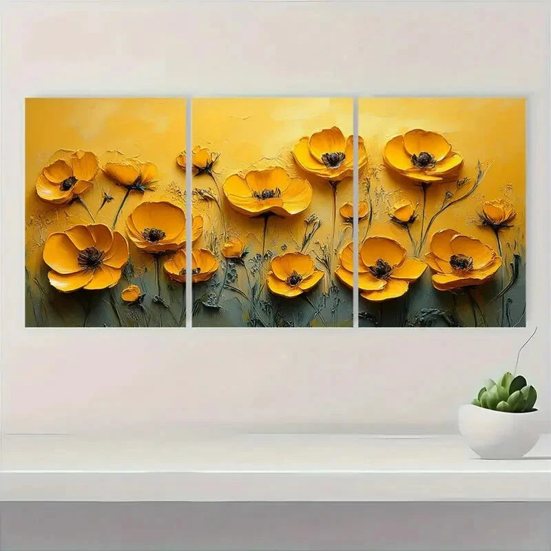 3pcs Yellow Wildflower Oil Small Impasto Art Metal Print Ready to Hang Art - Bella Home Decor