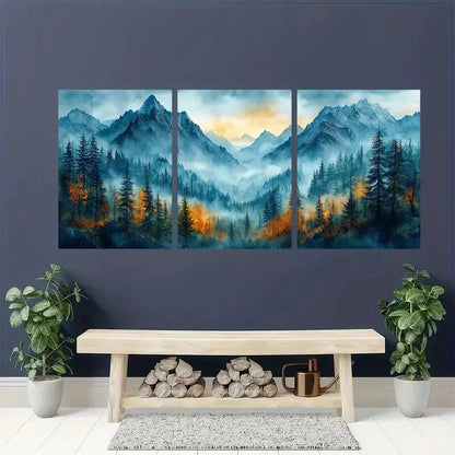3pcs Mountain Forest Misty Pine Tree Landscape Metal Print Ready to Hang Art - Bella Home Decor