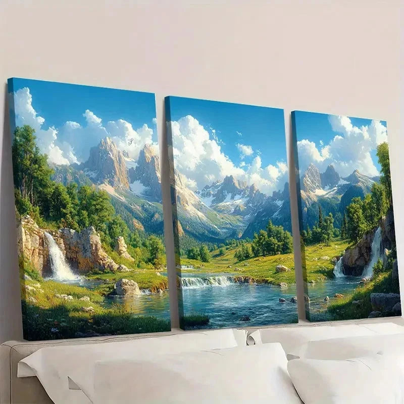 3pcs Serene Mountain River Scene, DF   Wall Art Set Canvas Framed 50x70cm - High Quality Print 100% Australian Made Wall Canvas Ready to Hang