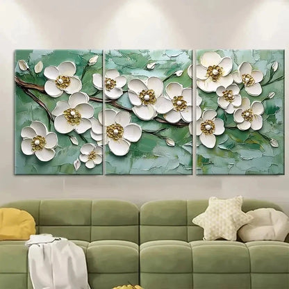 3pcs Floral Painting White Flower Green Nature  Wall Art Set Canvas Framed 40x60cm - High Quality Print 100% Australian Made Wall Canvas Ready to Hang
