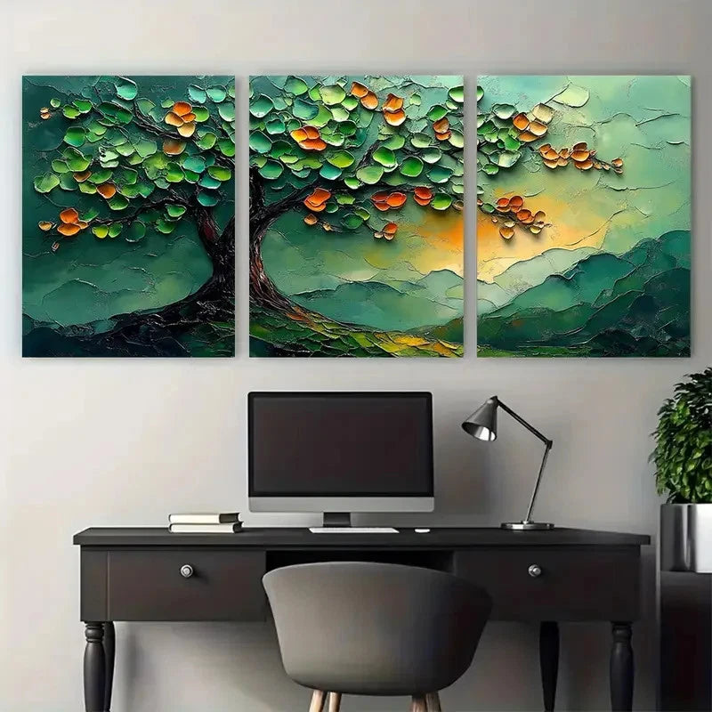 3pcs Abstract Green Tree Textured Nature Landscape Metal Print Ready to Hang Art - Bella Home Decor