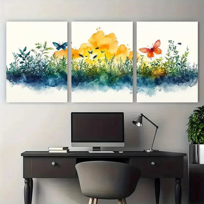 3pcs Watercolour Eco System Insects Emerging Wall Art Set Canvas Framed 40x60cm - High Quality Print 100% Australian Made Wall Canvas Ready to Hang