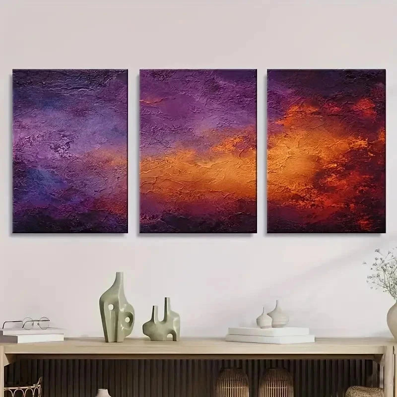 3pcs Deep Purple and Orange Abstract Texture Wall Art Set Canvas Framed 40x60cm - High Quality Print 100% Australian Made Wall Canvas Ready to Hang - Bella Home Decor