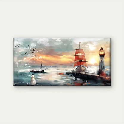 Lighthouses And Ships At Sunset Wall Art Canvas Office Home Room Framed 120x60cm